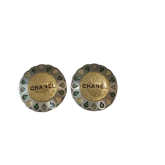 Vintage CHANEL Flower Motif Stud Clip On's*LOGO*yellow and green*99A stamp* - Picture 1 of 4